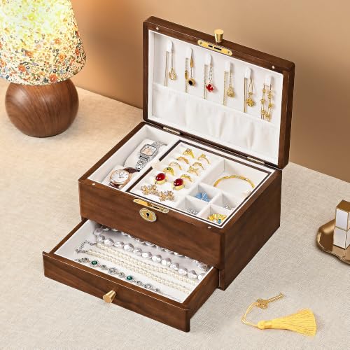Black Walnut Jewelry Box for Women, 3 Layer Top Lock Wooden Organizer Case - color: 3 Layer Top Lock
