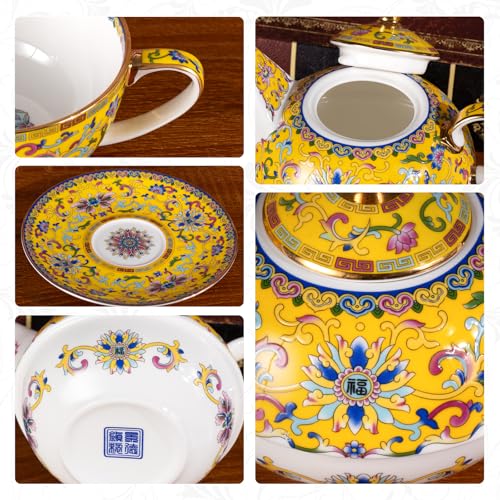 KAMMAK Tea for One Set, Ceramic Teapot, Bone China Tea Set, Cup and Saucer - color: Yellow