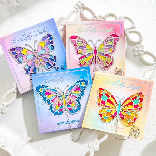 4PCS Stained Glass Style Butterfly Bookmarks, Aesthetic Colorful Metal Book Mark with Chain, Vintage Page Markers for Book Lovers, Reading Women, Unique Butterflies Bookmark Gifts - style: 4Pcs Butterfly