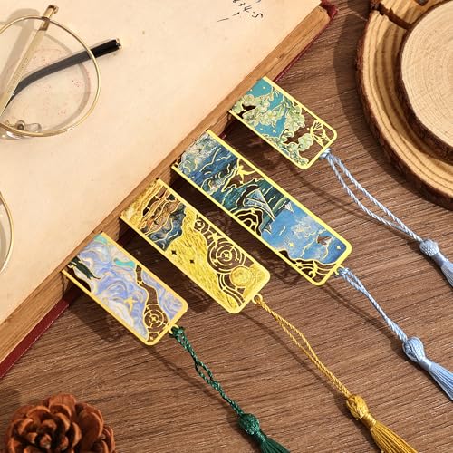 4 Pieces Metal Bookmarks with Tassel, Golden Hollow Bookmark Oil Painting Theme Book Mark Bookmarks for Book Lovers Writers Readers Children Teens for Women Adults Teen - style: 4Pcs Scenery