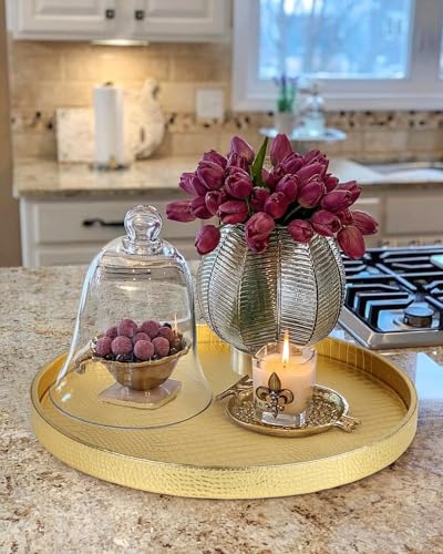 HofferRuffer Round Serving Tray 20'', Elegant Faux Leather Circle Ottoman Table Tray, Serve Tea Coffee Breakfast in Bedroom Living Room Kitchen (Gold, 20") - color: Gold, size: 20"
