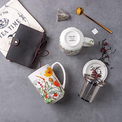 AmorArc Tea Cup With Infuser and Lid, 18oz Loose Leaf Tea Mug With Steeper - color: Tulips