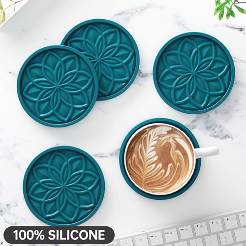 HFHOME Silicone Coasters Set with Holder - 6 Pack Drink Coasters for Coffee Table, Bar, Desk - Tabletop Protection Gift - Blue - color: Peacock Blue