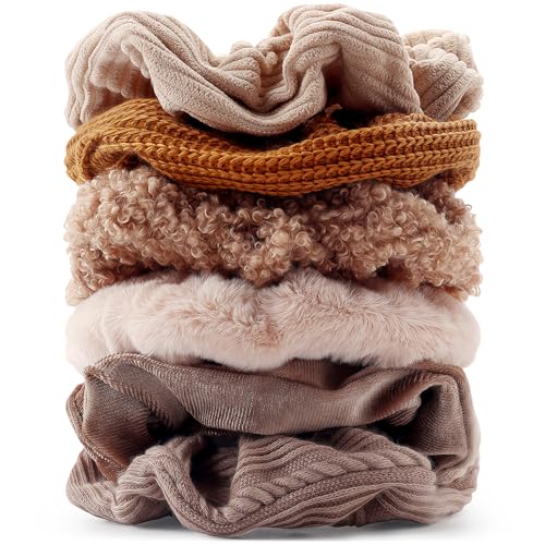 Scrunchies for Women's Hair 6Pcs Large Brown Knit Fuzzy Scrunchies for Long Thick Curly Hair Ultra Textured Soft Hair Bands Neutral Scrunchie Cute Ponytail Holders No Damage Elastic Hair Ties - color: Brown(A) 6PCS