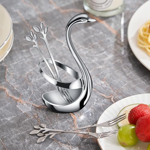 AnSaw Silver Swan Base Holder Set with 10-pcs Mini Leaf Dessert Forks-4.7" - color: Silver Swan
