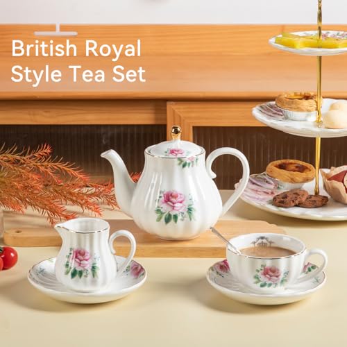Sweejar Porcelain Tea Sets British Royal Series, 8 OZ Cups & Saucer Service for 6, with Teapot Sugar Bowl Cream Pitcher Teaspoons and Tea Strainer, Suitable for High Tea, Wedding, Party(Blush Pink) - color: Blush Pink
