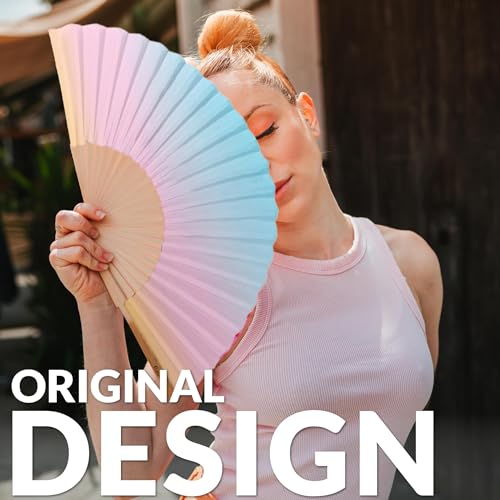 Fisura – Original Gradient Folding Fan in red with Hanger. Elegant Wooden Handheld Fan for Women. Lightweight Accessory for Weddings, Parties, Festivals, Travel and Unique Gift Ideas. - color: Gradient, Blue