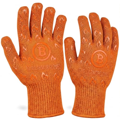 Grill Armor Oven Gloves with Fingers – 932°F Heat, Fire & Cut Resistant Mitts for BBQ, Grill, Cooking, Grilling, Baking, Smoker & Fire Pit - color: Orange, size: One Size Fits Most Standard Cuff