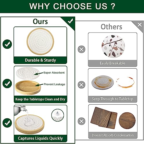 Wood Coasters for Drinks, Eykao Absorbent Coaster Sets of 5, Woven Drink Coasters for Coffee Table, Housewarming Gift for Farmhouse Home Decor,4 inches - color: White