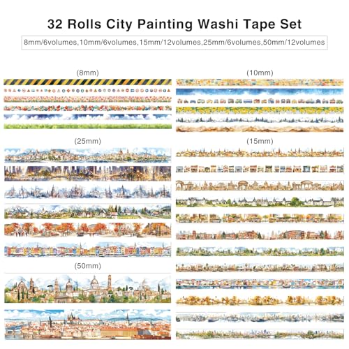 32 Rolls Vintage Washi Tape Set, European Cityscapes with Architectures & Scenery, Writable Decorative Tapes for Scrapbooking, Junk Journal Bullet Journal Supplies 8-50mm Wide, Artistic Adhesive Tape - style: Urban landscape