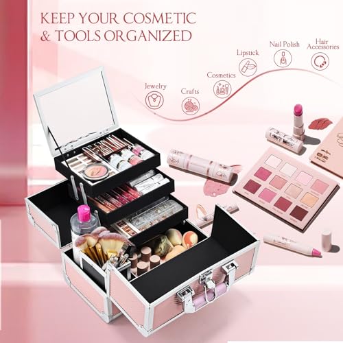 Joligrace 3-Tray Makeup Case with Mirror & Brush Holder, 11.6" Mermaid Pink - color: Pink Mermaid