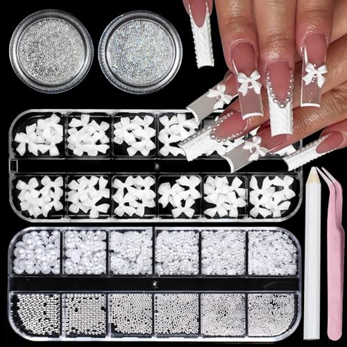 White Bow Nail Charms with Pearls Rhinestones for Women - color: Colorful-11