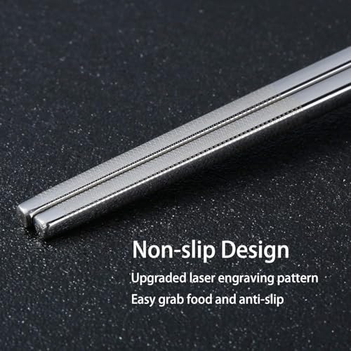 Metal Chopsticks Reusable 5 Pairs: Stainless Chopstick Set Dishwasher Safe,Non-Slip,Gift Box Packaging,Laser Engraved,Japanese Chinese Korean Chop Sticks for Cooking Eating - 5 Patterns