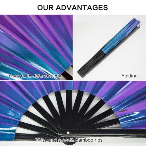 Large Rave Fan, Clack Folding Hand Fan with Premium Fabric, Thick Bamboo Frame for Men Women Gift for EDM, Festival, Club, Party, Dance, Decoration (Holographic Blue-Purple, 13") - color: Holographic Blue-purple, size: 13"