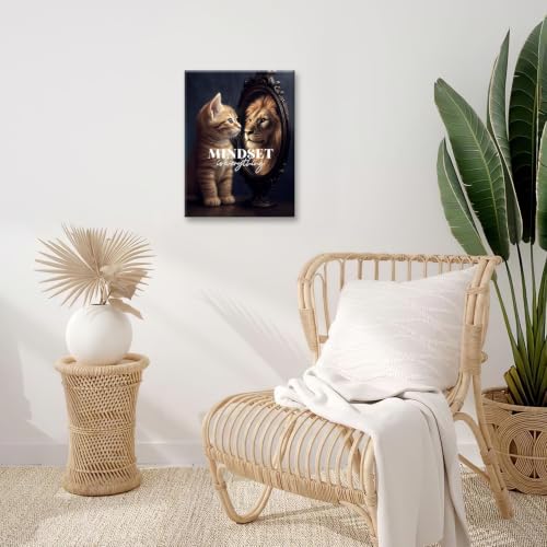 Motivational Lion And Cat Wall Art For Kids Mindset Is Everything Nursery Canvas Wall Decor Inspirational Pictures Paintings Prints Artwork Framed Decorations For Children's Room Bathroom Bedroom Living Room Office Gifts 12" x 16" - color: Cat And Lion, s