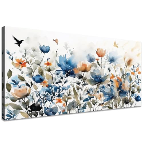KZKU Watercolors Floral Canvas Wall Art Prints for Home Decor Living Room Dining Room Bedroom Office Wall Decor Multicolored Flowers Canvas Artwork Size：20x40inch - color: Blue and orange flowers, size: 40"L x 20"W