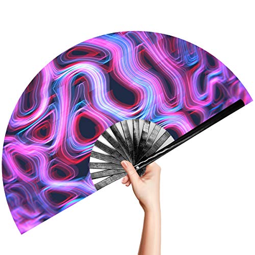 OMyTea Large Rave Clack Folding Hand Fan for Men/Women - Chinese Japanese Bamboo Handheld Fan - for EDM, Music Festival, Club, Event, Party, Dance, Performance, Decoration, Gift (Psychedelic Neon) - color: Psychedelic Neon
