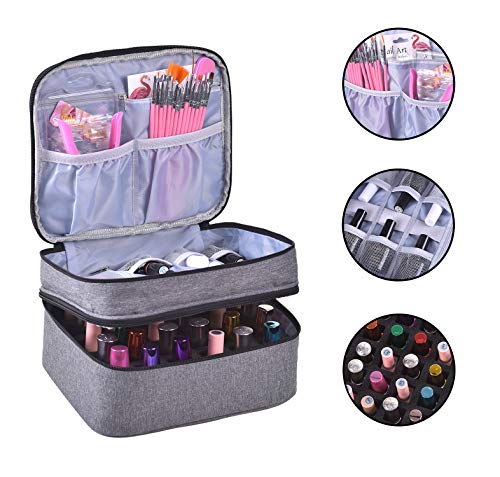 Nail Polish Organizer- Holds 30 Bottles Nail Supply Organizers and Storage Double-layer Nail Bag Organzier Case Nail varnish Organizer Nail Polish Storage Bag with Handle (Grey) - color: Grey