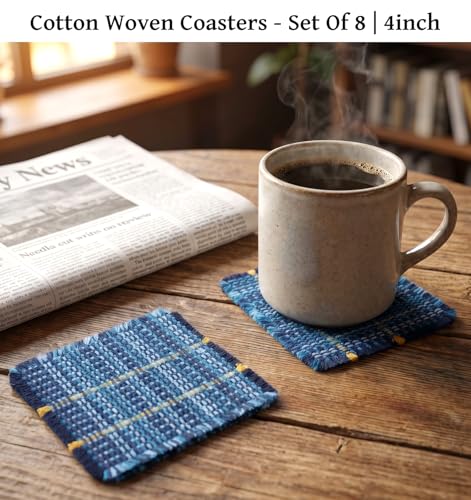 8 Pcs Cloth Coasters for Drinks, Blue Coasters Handcrafted Cotton Coastal Farmhouse Table Decor for Coffee, Tea & Cocktails, Housewarming Gift