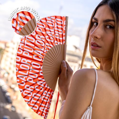 Fisura - Original red folding fan with message p*to calor. Handheld folding fan for women. Hanger included. Fans for wedding, party, gift. - color: P*to Calor, Red Pattern