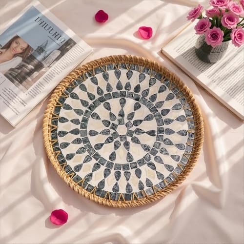 13.8" Round Mother of Pearl Inlay Rattan Black Drop Design Serving Tray - color: Black Drop