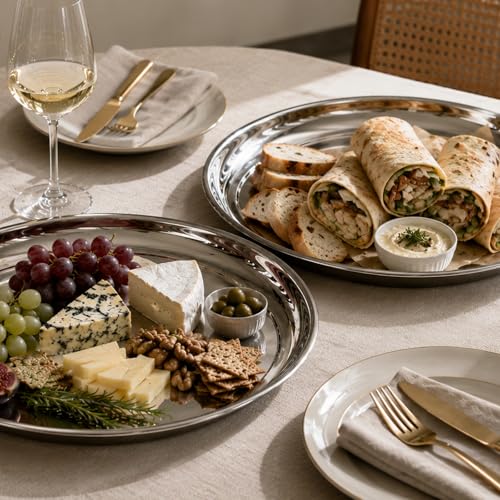 2-Piece Stainless Steel Serving Tray Set, Round Metal Platters with Mirror Finish, 13.25" & 11.75" Food Grade Serving Trays for Appetizers, Drinks, Coffee Table, Decorative Tray