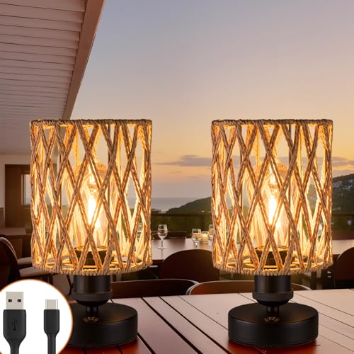 Cordless Outdoor Table Lamps, Small Rattan Boho, Rechargeable Battery Operated for Outdoor Patio, Home, Living Room, Bedroom, Bedside - Set of 2 (Beige-A) - color: Beige-A