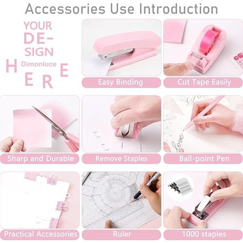 Pink Desk Accessories, Pink Office Supplies Accessories with Tape Dispenser, Stapler, Staple Remover, 1000 Staples, Tape, Clips Set, Ruler, Scissor, Pen - color: Pink