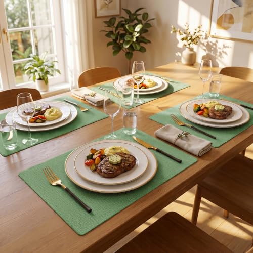 Romanstile Faux Leather Vinyl Placemats Set of 6, Dark Green - color: Dark Green