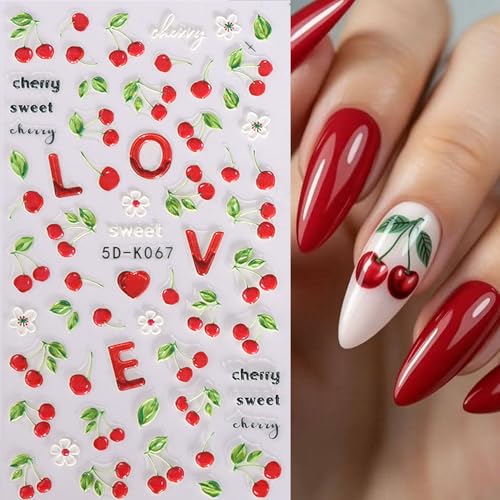 5D Embossed Fruit Nail Art Stickers 6PCS Self-Adhesive Nail Decals Orange Lemon Strawberry Cherry Watermelon Leaves Flowers Design Summer DIY Manicure Decorations Nail Accessories for Women - style: 5D Fruit Styles