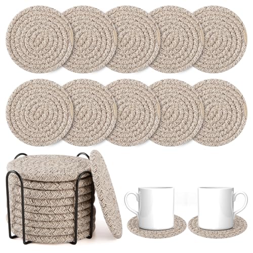 OIAHOMY 10 Pcs Drink Coasters with Holder, Boho Cotton Woven Coaster Set, Absorbent Coaster Protection for Various Cups, Ideal for Coffee Tables Home Decor and Gift, 4.3 Inches, Brown - color: Brown, size: 10Pcs