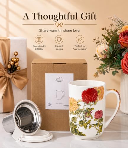 AmorArc Tea Cup With Infuser and Lid, 18oz Loose Leaf Tea Mug With Steeper - color: Colorful Mums