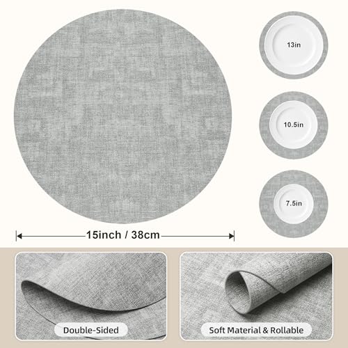 Placemats Set of 6, 15 Inch Round Faux Leather Place Mats - color: R-light Gray