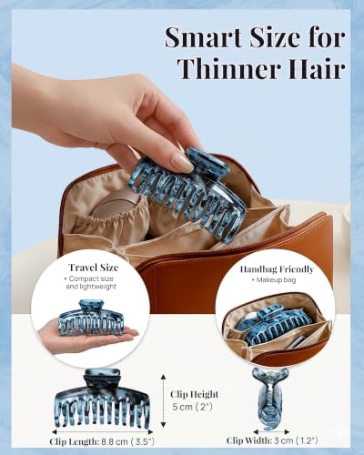 Mesovor 4 Pack 3.5" Double Row Teeth Claw Clips for Thin Fine Hair Non-Slip - color: Black, Blue Polished