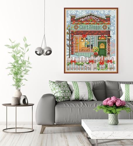 CROSSDECOR Christmas Cottage Stamped Cross Stitch Kits 14CT Prestamped Easy Pattern Needlepoint Kits Crafts for Decor Embroidery Starter Kits DIY Cross Stitch Kits for Adults 17×15cm - color: Christmas Cottage 17×15 cm