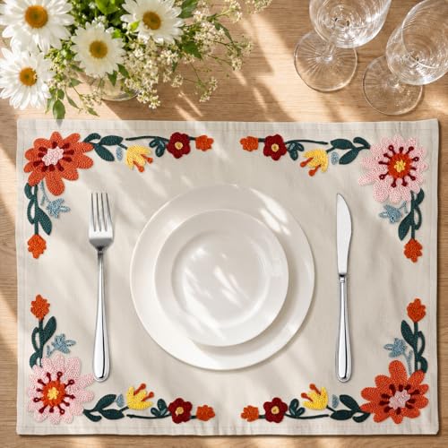Embroidered Placemats Set of 6-13"x 18" 6PCS Embroidered Rustic Washable Fabric Place Mats Farmhouse Boho Dining Table Mats Dinner Placemats, Colorful Flower - color: Colorful Flower