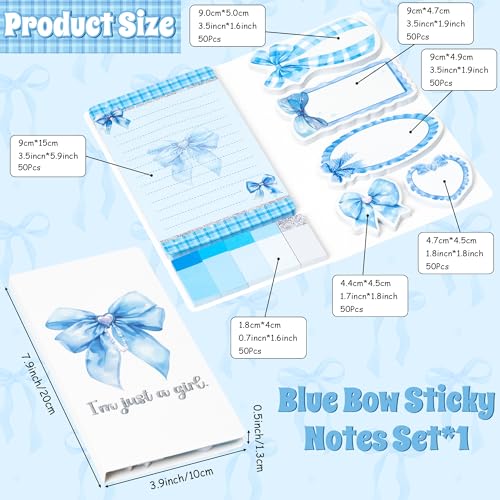 Xqumoi Coquette Blue Bow Sticky Notes Set - I’m Just A Girl Self-Stick Note Pads Bowknot Notepads Writing Memo Pad Page Marker Bookmarker Preppy Girly Stuff Back to School Office Supplies Gift - color: 1pack-blue Bow