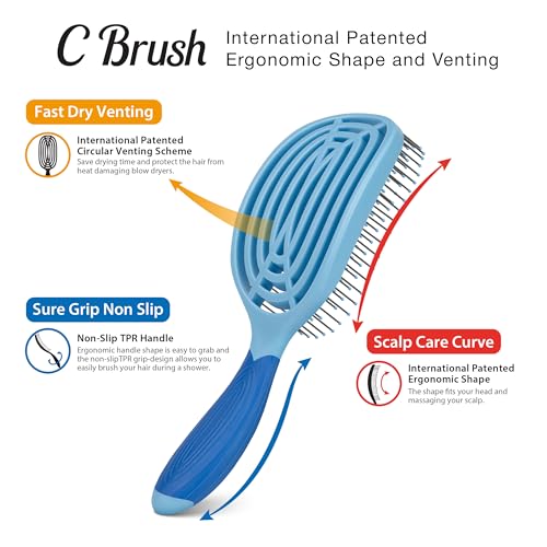 NuWay® C Brush® Patented Scalp Care Hair Brush – Ergonomic Curve Design for Gentle Scalp Massage, Blow-Dry Styling & Wet or Dry Hair (Sky Blue) - color: Sky Blue
