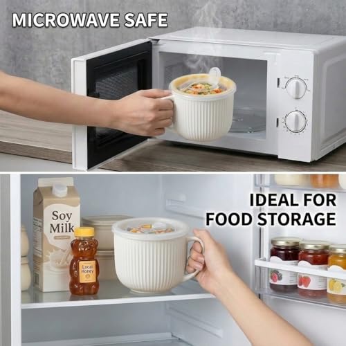 Ceramic Soup Bowl with Handle & Lid, 32oz Microwave Ramen Bowl Set of 2 - color: White 2 pcs-32, size: 32 OZ