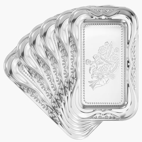 6 Packs Silver Serving Trays, 13.8" x 8.7" Bow Floral Engraved Mirror Decorative Tray, Stainless Steel Trinket Tray, Retro Vintage Embossing Rectangle Reusable Party Platters, for Tea Coffee Fruit Des