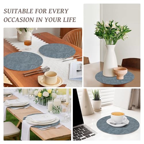 13" Round Placemats Set of 6, Reversible Faux Leather Wipeable Table Mats - color: Light Blue