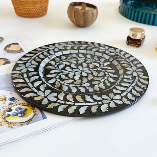 i-lan 2Pack 13" Mother of Pearl Decorative Display Plates,Sea Shell Inlay Wood Charger Dining Charger Plates for Party,Diner Table Modern Style Decoration Placemats,Silver Gray Flower - style: Style 1