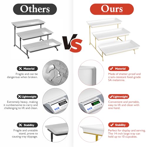 Bumusty 3-Tier Melamine Serving Tray Set, 14 x 7 in, Gold Stand - color: Gold, size: 14" x 7"