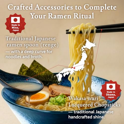 HIBINO Japanese Ramen Bowl Set of 2 | 44 oz Ceramic Ramen Bowls with Chopsticks & Spoons | Made in Japan Mino Ware | Microwave Safe Noodle & Soup Bowls | 6-Piece Dinnerware Set |「Kasumi Indigo」