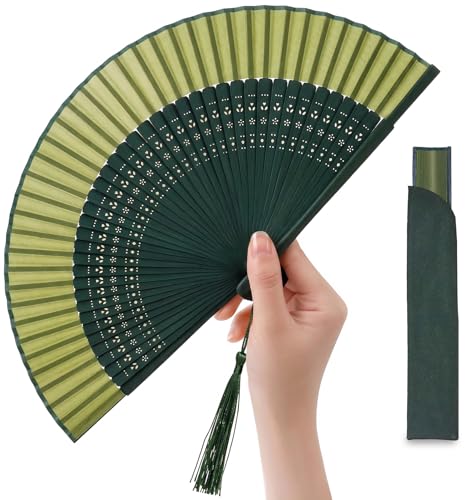 Japanese Folding Hand Fan for Women - Bamboo Silk Handheld Foldable Fan with Tassel & Pouch for Hot Flashes, Rave, Church, Gift,Wedding - Whisper-Quiet, Purse Size (Gradient Green) - color: Gradient Green