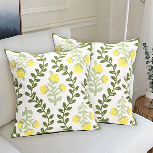 Set of 2 Embroidered Decorative Throw Pillow Covers Couch Square Pillowcases Cushion for Bedroom Sofa Farmhouse Decor 18x18 Inch (Yellow Floral) - color: Yellow Floral