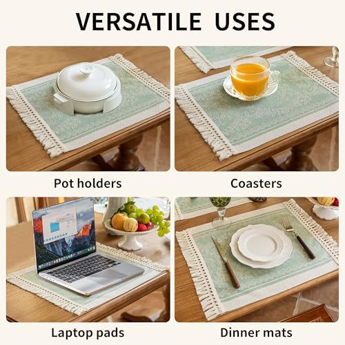 Boho Woven Placemats Set of 4, 14x18 Inch Heat Resistant Dinner Mats - color: Green Hh
