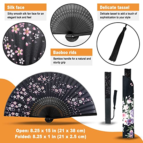 Hand Fan for Women Foldable - Folding Chinese Japanese Vintage Bamboo Silk Fan - Ideal for Hot Flashes, Church, EDM, Festivals, Dancing and Gifts (Little Sakura-Black) - color: Little Sakura-black