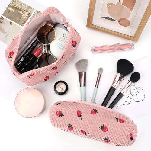 EIMMBD Makeup Bag 3 Pieces Large Capacity Cosmetic Bags Travel Toiletry Bag Organizer Cute Makeup Pouch Storage for Women(Pink Strawberry) - color: Pink Strawberry
