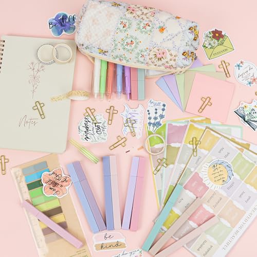 Bible Study Supplies Journaling Kit with Pen Cas, Tabs, Notebook and No Bleed Highlighter, Aesthetic Book Annotation Kit, Christian Gifts for Women Grils Friends(Spliced Flower) - color: Spliced Flower